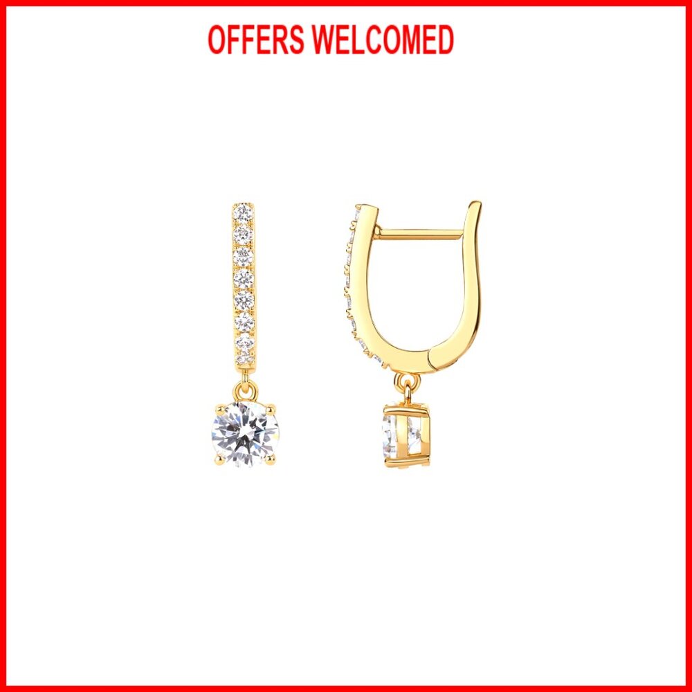 14k Gold Plated Dangle Hoop Earrings With Cz Stones, Sterling Silver Posts